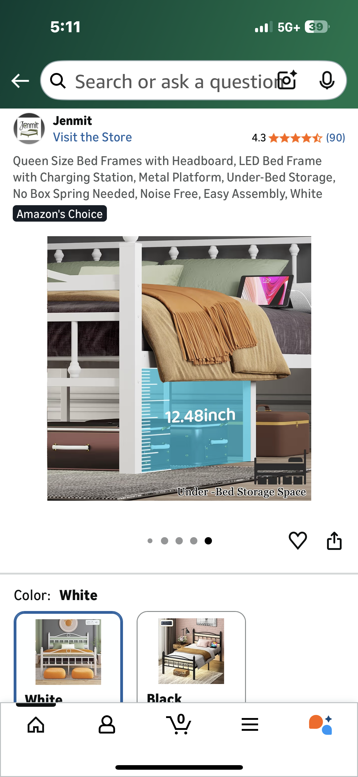 Queen Size Bed Frame with Headboard,Charging Station, Metal Platform, Under-Bed Storage, No Box Spring Needed, Noise Free, Easy Assembly, White (B1165)