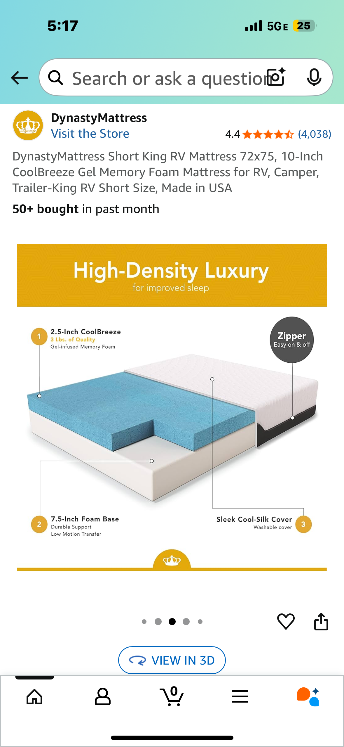 DynastyMattress Short King RV Mattress 72x75, 10-Inch CoolBreeze Gel Memory Foam Mattress for RV, Camper, Trailer-King RV Short Size, Made in USA (B1083)