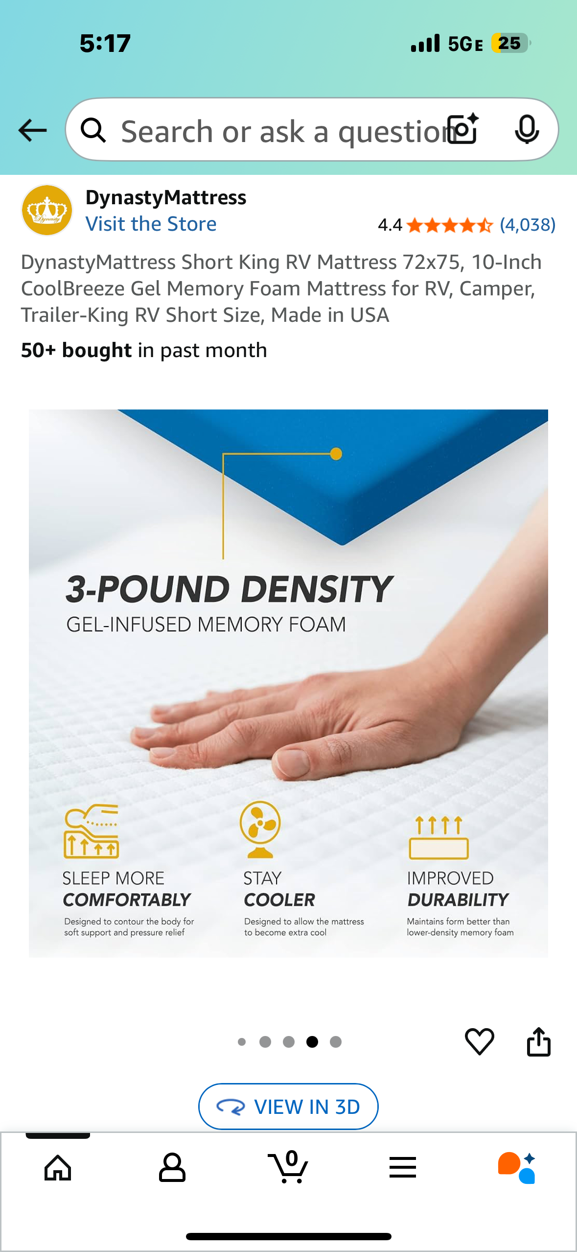 DynastyMattress Short King RV Mattress 72x75, 10-Inch CoolBreeze Gel Memory Foam Mattress for RV, Camper, Trailer-King RV Short Size, Made in USA (B1083)