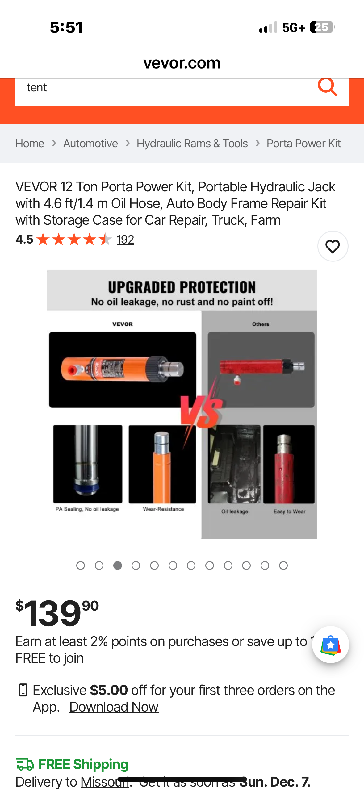 VEVOR 12 Ton Portable Hydraulic Jack with 4.6 ft/1.4 m Oil Hose, Auto Body Frame Repair Kit with Storage Case for Car Repair, Truck, Farm (G950)