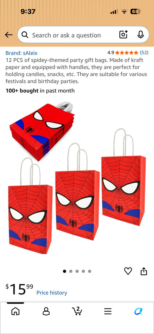 18 PCS of Spidey-themed party gift bags. Made of kraft paper and equipped with handles, they are perfect for holding candies, snacks, etc. They are suitable for various festivals and birthday parties.