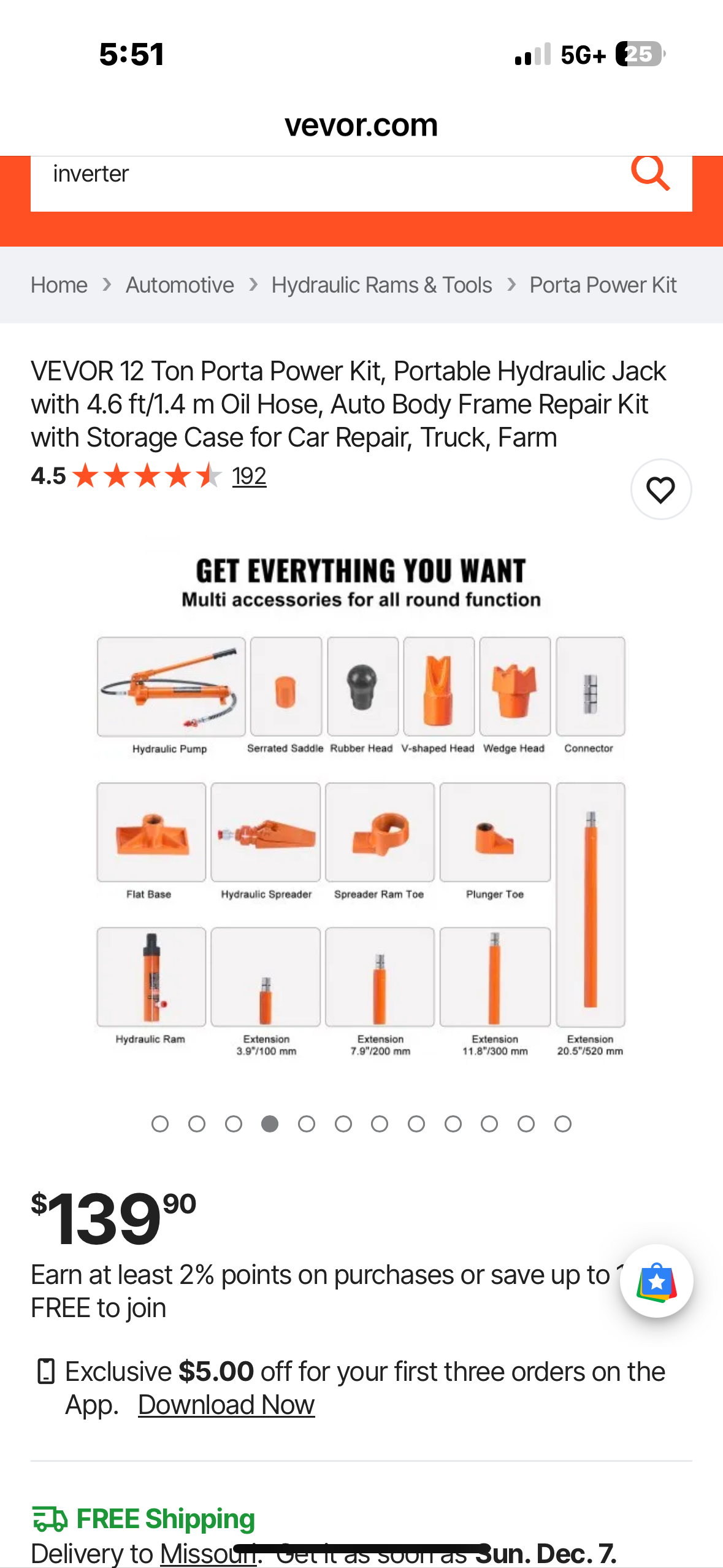 VEVOR 12 Ton Portable Hydraulic Jack with 4.6 ft/1.4 m Oil Hose, Auto Body Frame Repair Kit with Storage Case for Car Repair, Truck, Farm (G950)