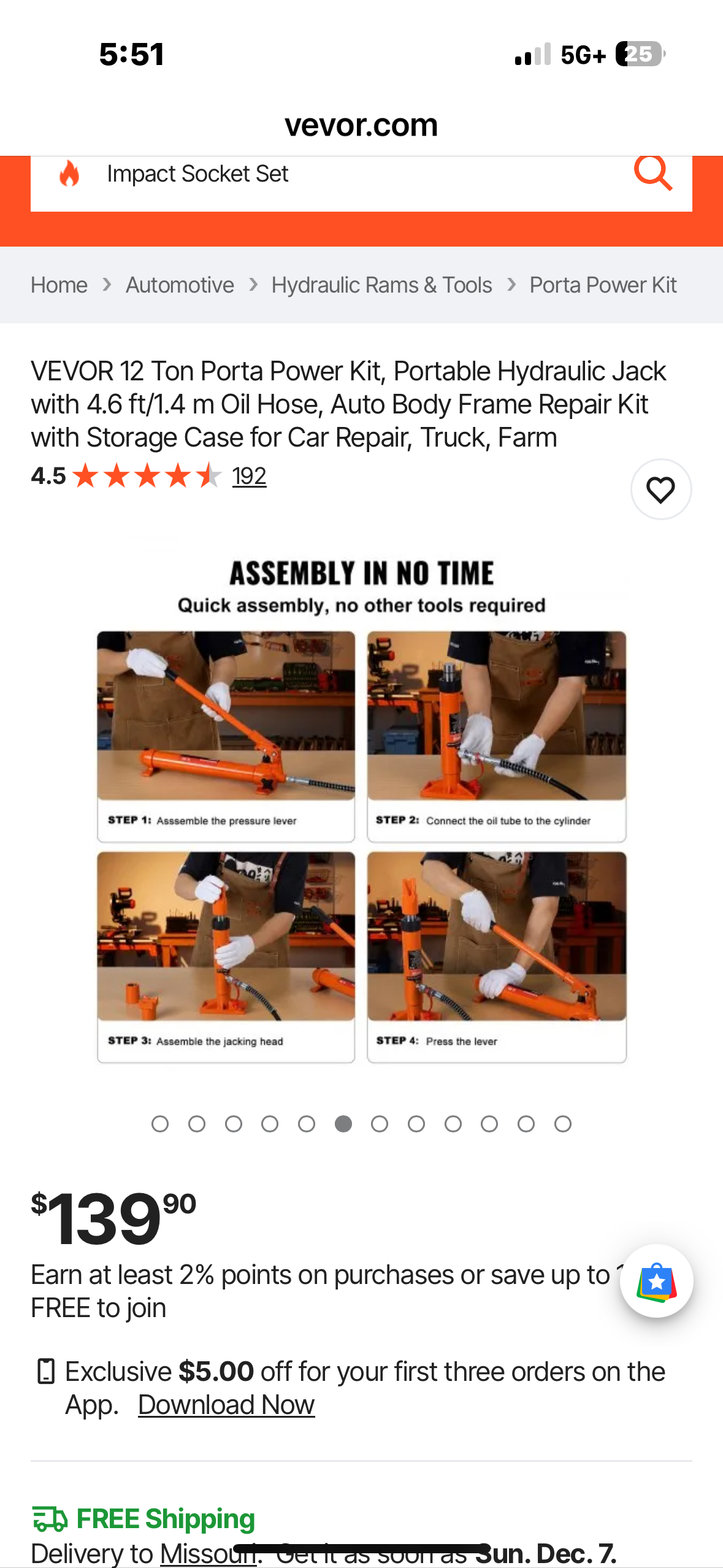 VEVOR 12 Ton Portable Hydraulic Jack with 4.6 ft/1.4 m Oil Hose, Auto Body Frame Repair Kit with Storage Case for Car Repair, Truck, Farm (G950)