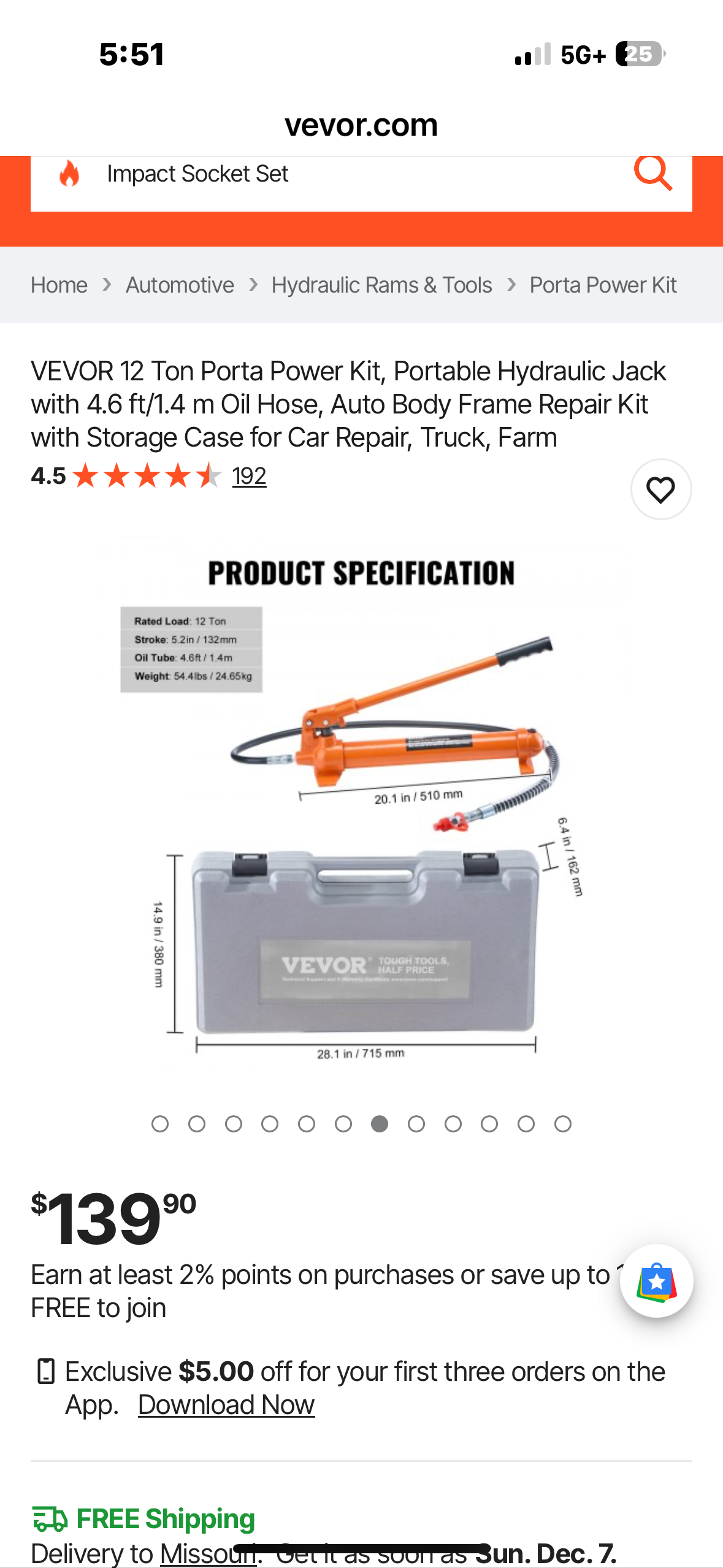 VEVOR 12 Ton Portable Hydraulic Jack with 4.6 ft/1.4 m Oil Hose, Auto Body Frame Repair Kit with Storage Case for Car Repair, Truck, Farm (G950)