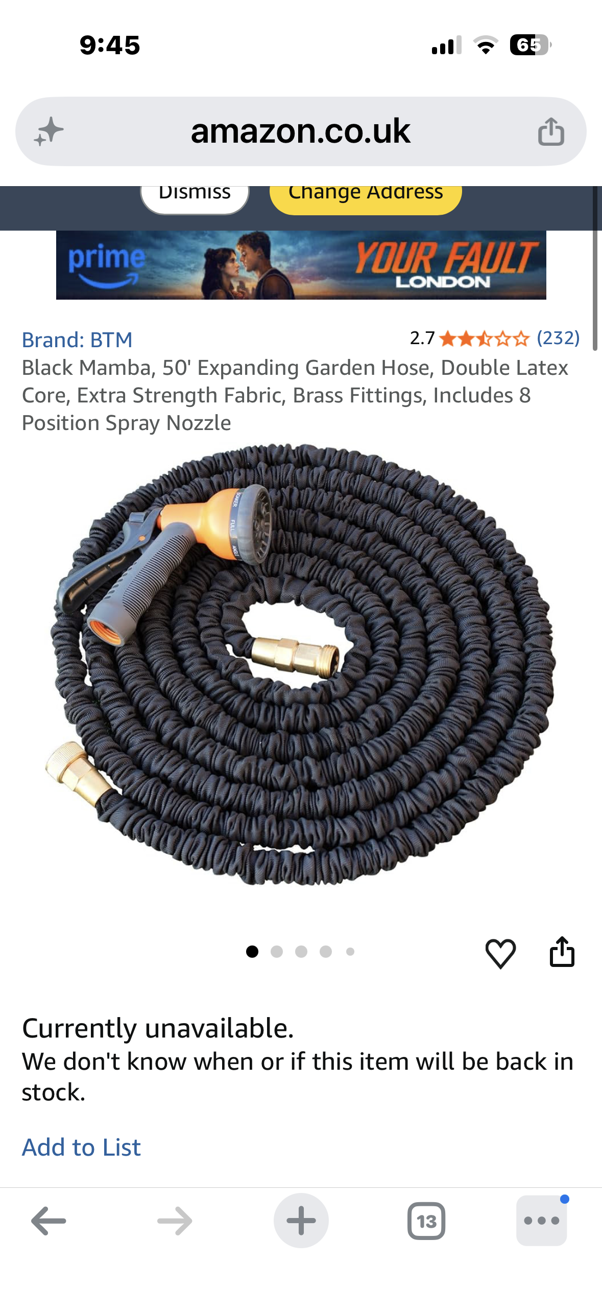 Black Mamba, 50' Expanding Garden Hose, Double Latex Core, Extra Strength Fabric, Brass Fittings, Includes 8 Position Spray Nozzle