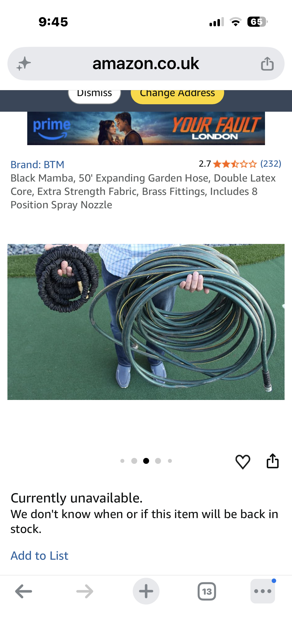 Black Mamba, 50' Expanding Garden Hose, Double Latex Core, Extra Strength Fabric, Brass Fittings, Includes 8 Position Spray Nozzle