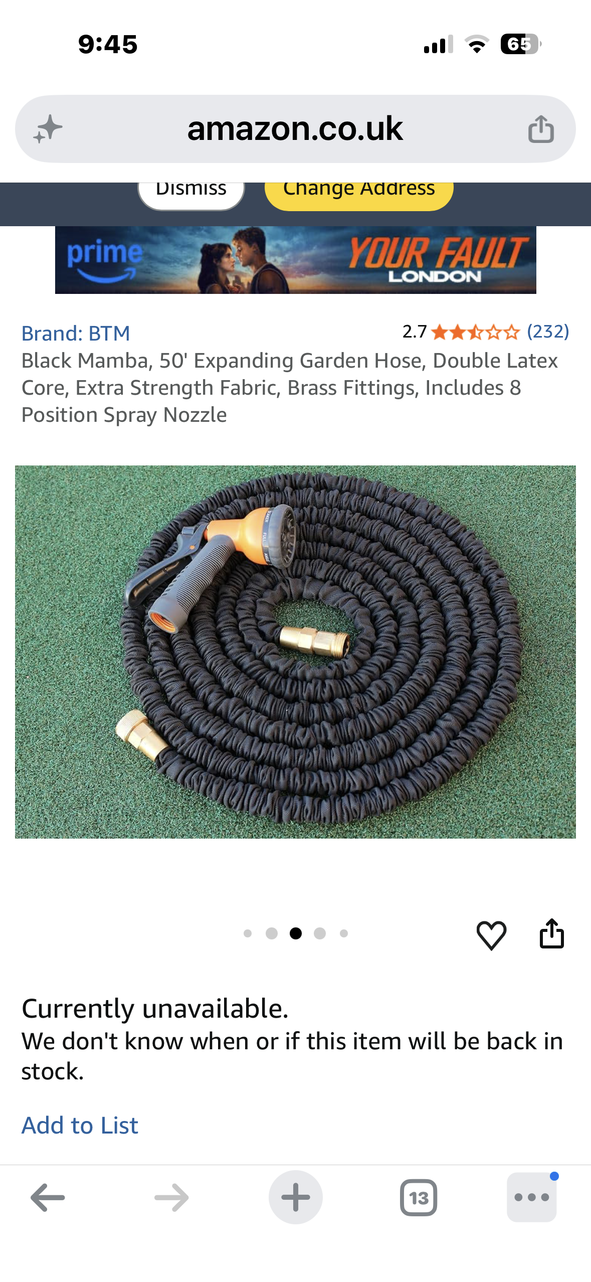 Black Mamba, 50' Expanding Garden Hose, Double Latex Core, Extra Strength Fabric, Brass Fittings, Includes 8 Position Spray Nozzle