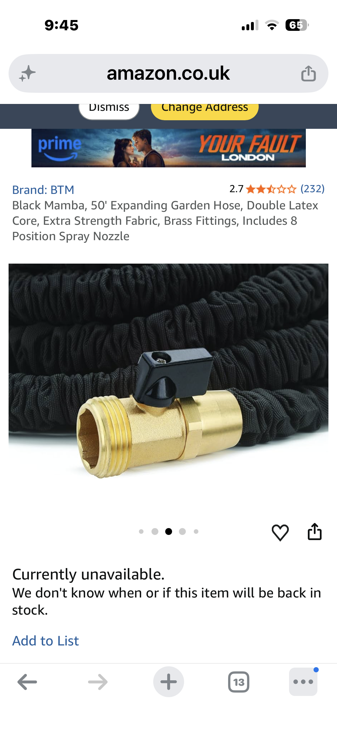 Black Mamba, 50' Expanding Garden Hose, Double Latex Core, Extra Strength Fabric, Brass Fittings, Includes 8 Position Spray Nozzle