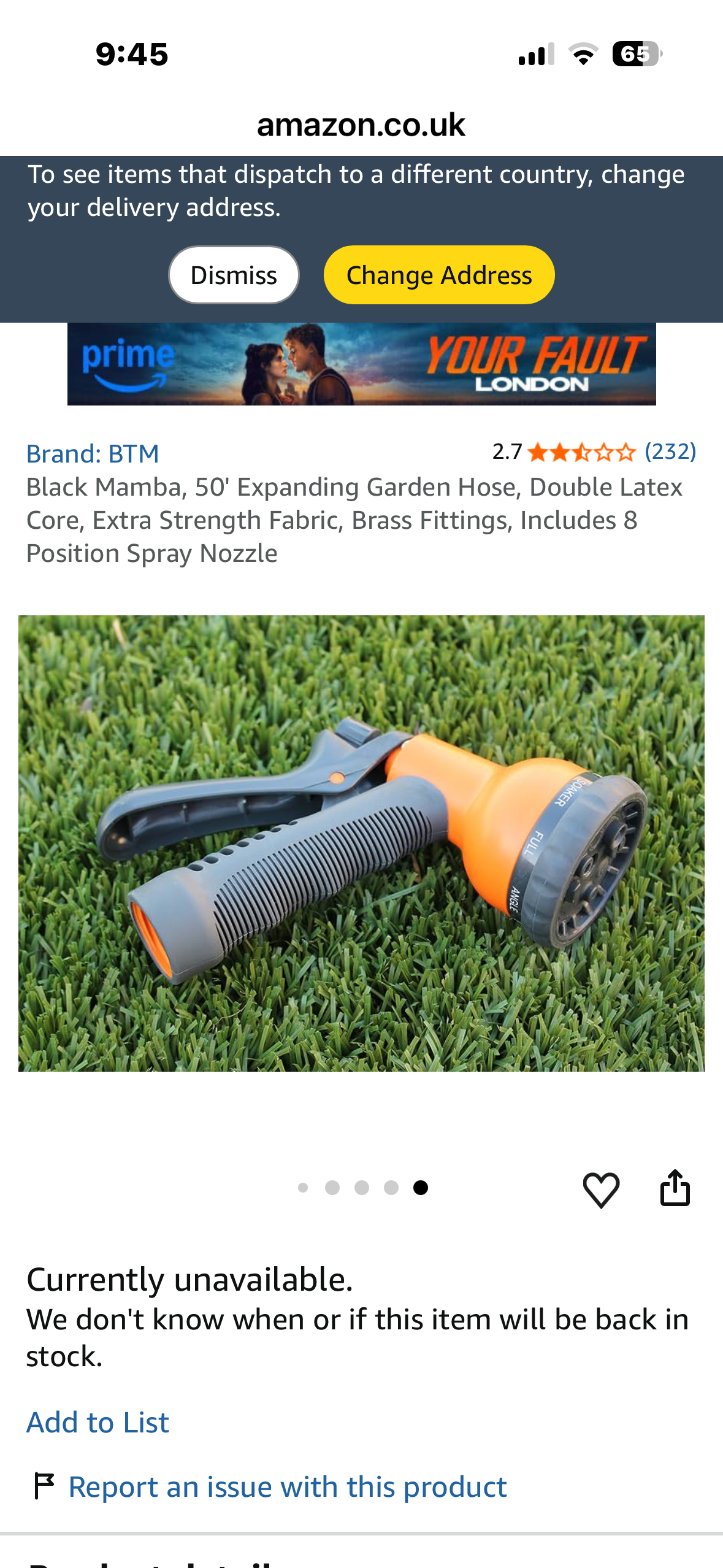 Black Mamba, 50' Expanding Garden Hose, Double Latex Core, Extra Strength Fabric, Brass Fittings, Includes 8 Position Spray Nozzle
