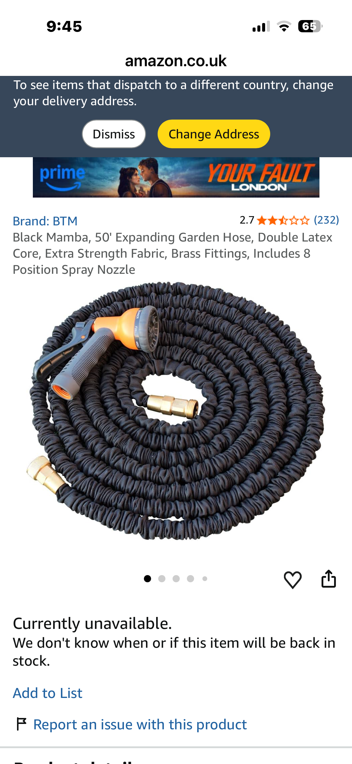 Black Mamba, 50' Expanding Garden Hose, Double Latex Core, Extra Strength Fabric, Brass Fittings, Includes 8 Position Spray Nozzle