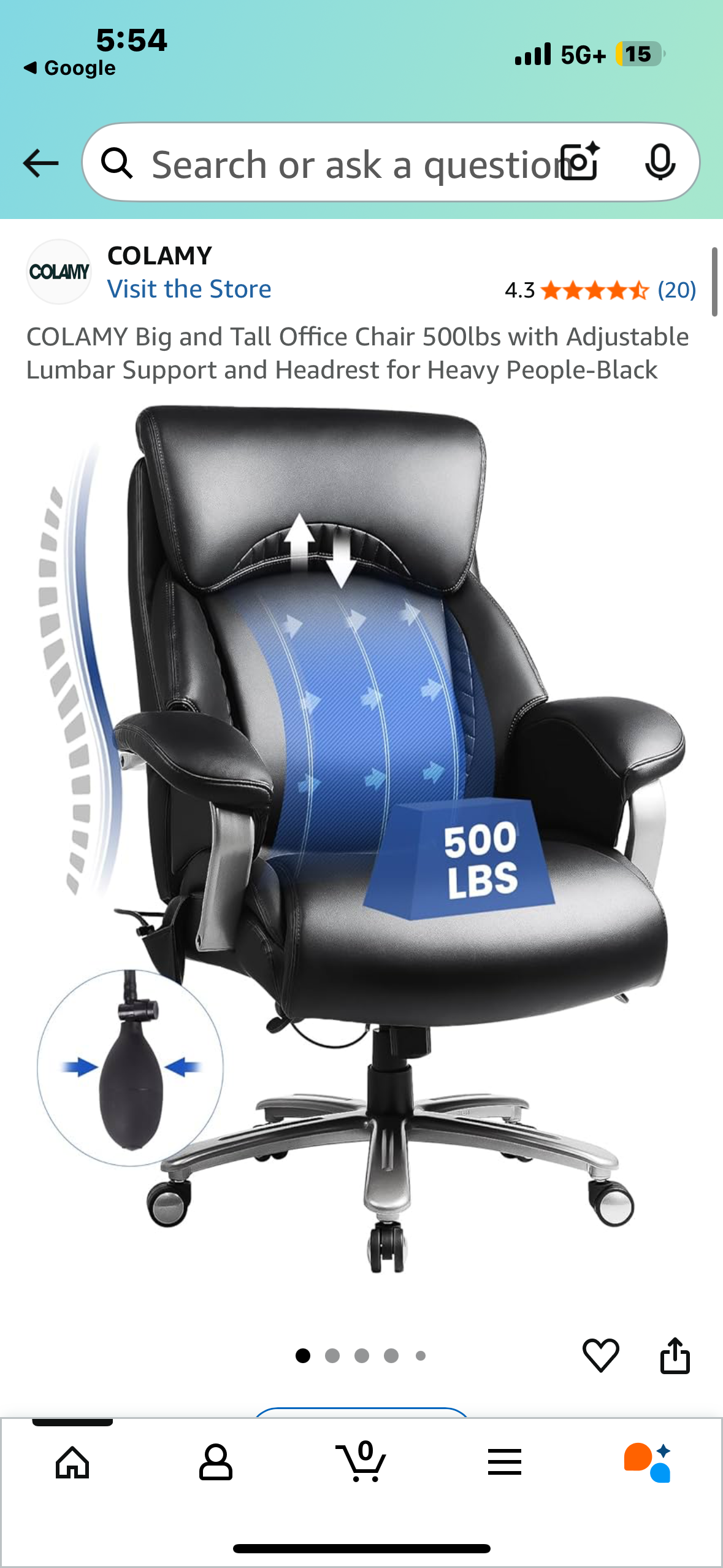 COLAMY Big and Tall Office Chair, 500lbs Capacity with Adjustable Lumbar Support and Headrest, Black (O447)