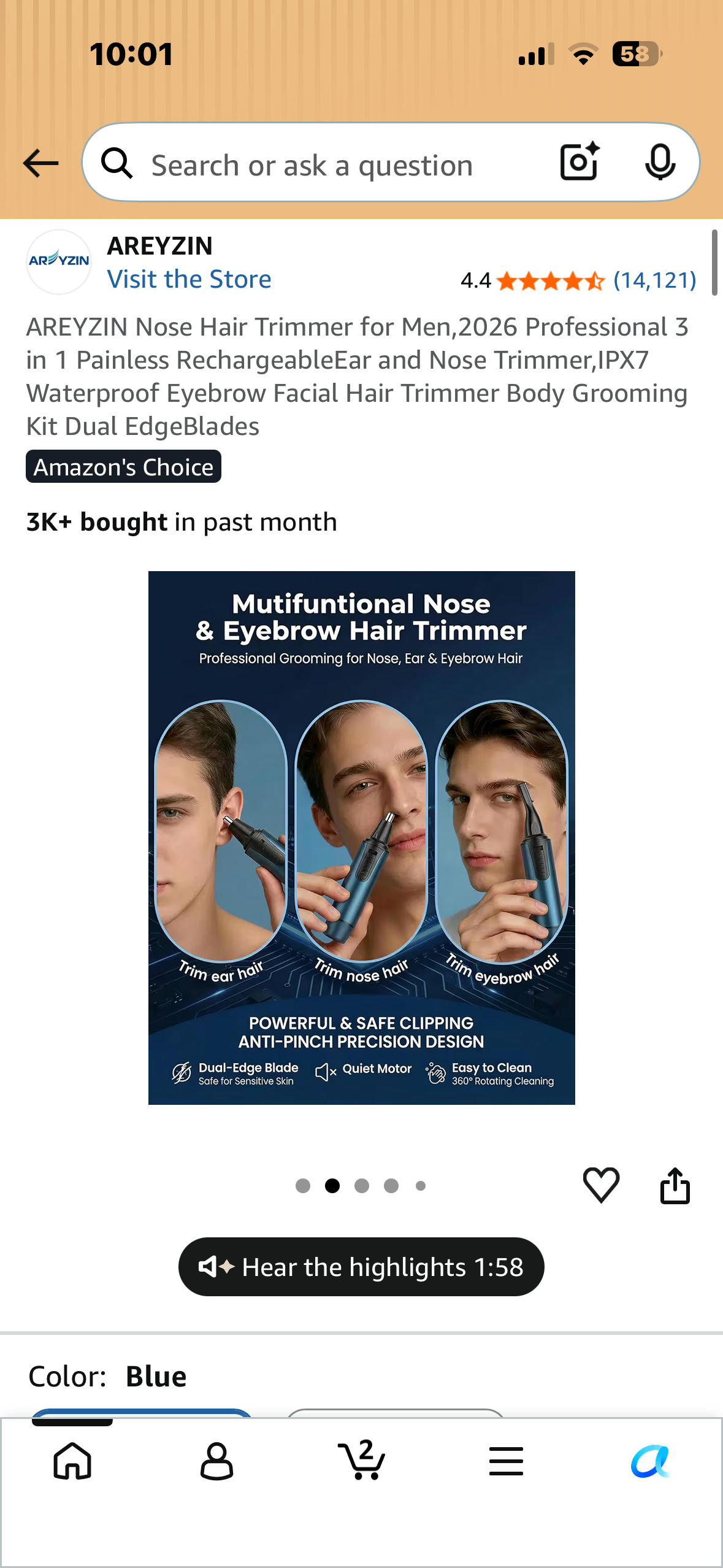 AREYZIN Nose Hair Trimmer, Professional 3 in 1 Painless Rechargeable Ear and Nose Trimmer, IPX7 Waterproof, Eyebrow, Facial, Body Grooming Kit,  Dual Edge Blades