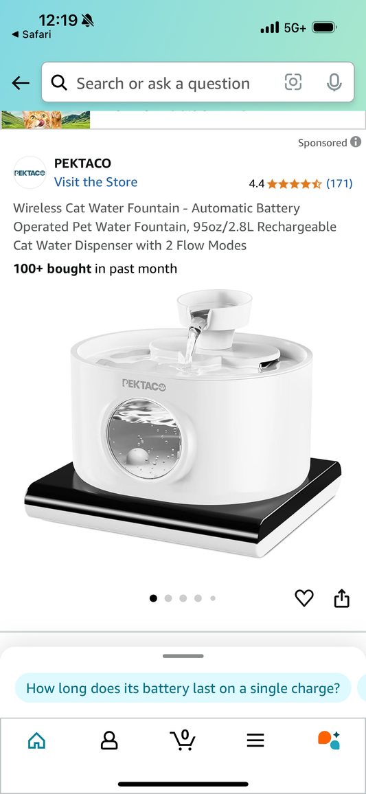 Wireless Cat Water Fountain *Black - Automatic Battery Operated Pet Water Fountain, 95oz/2.8L Rechargeable Cat Water Dispenser with 2 Flow Modes