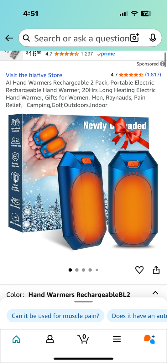 AI Hand Warmers Rechargeable 2 Pack, Portable Electric Rechargeable Hand Warmer, 20Hrs Long Heating Electric Hand Warmer, Gifts for Women, Men, Raynauds, Pain Relief，Camping,Golf,Outdoors,Indoor