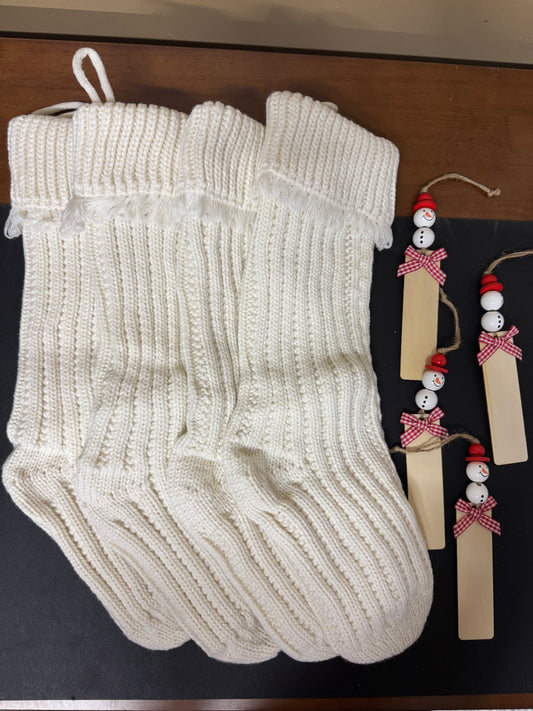 Rutile 4 Pack Personalized Knit Christmas Stockings, 18 in Large Cable Knitted Xmas Stockings with DIY Snowman Name Tags for Holiday Christmas Party Family Décor, White