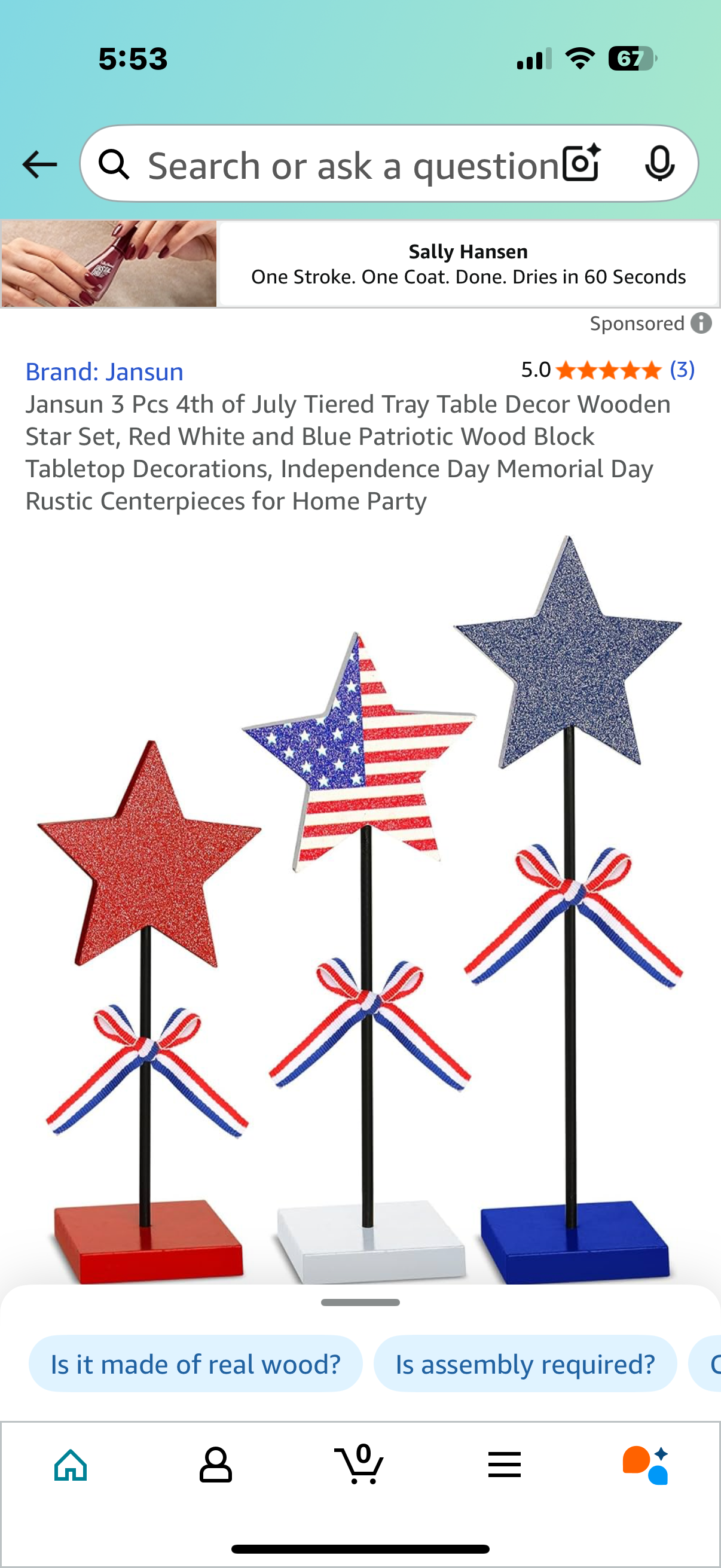 Jansun 3 Pcs 4th of July Tiered Tray Table Decor Wooden Star Set, Red White and Blue Patriotic Wood Block Tabletop Decorations, Independence Day Memorial Day Rustic Centerpieces for Home Party