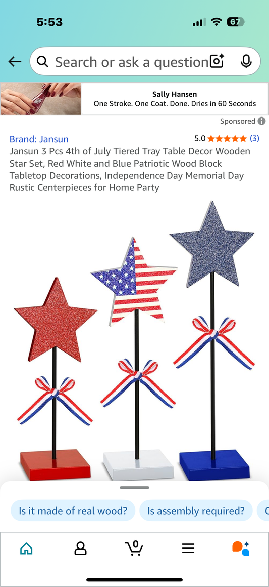 Jansun 3 Pcs 4th of July Tiered Tray Table Decor Wooden Star Set, Red White and Blue Patriotic Wood Block Tabletop Decorations, Independence Day Memorial Day Rustic Centerpieces for Home Party