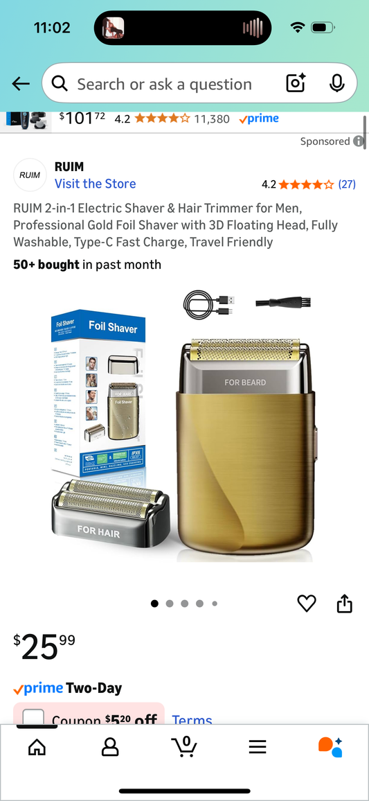 RUIM 2-in-1 Electric Shaver & Hair Trimmer for Men, Professional Gold Foil Shaver with 3D Floating Head, Fully Washable, Type-C Fast Charge, Travel Friendly