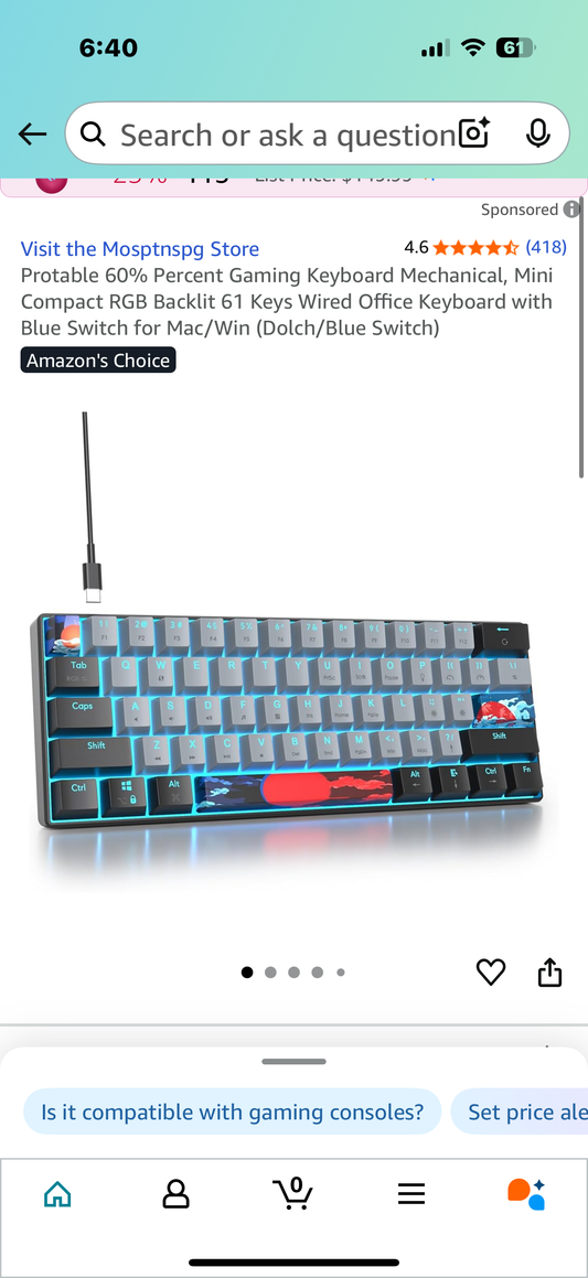 Protable 60% Percent Gaming Keyboard Mechanical, Mini Compact RGB Backlit 61 Keys Wired Office Keyboard with Blue Switch for Mac/Win (Dolch/Blue Switch