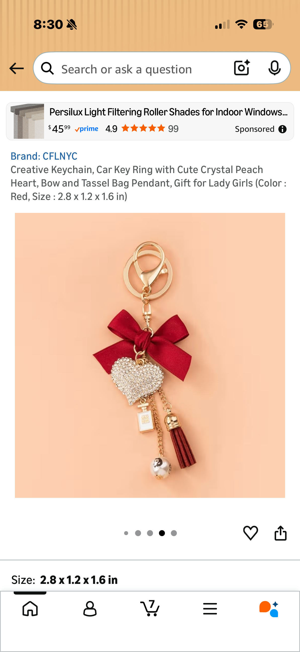 Keychain, Car Key Ring with Cute Crystal Peach Heart, Bow and Tassel Bag Pendant, Gift for Lady Girls (Color : Red, Size : 2.8 x 1.2 x 1.6 in