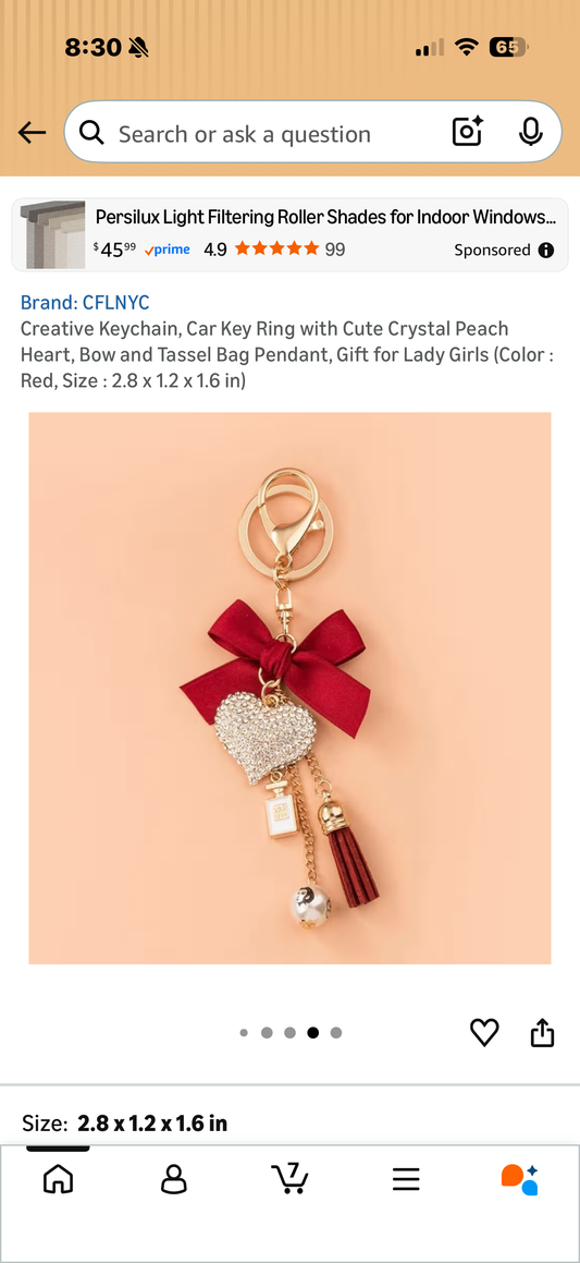 Keychain, Car Key Ring with Cute Crystal Peach Heart, Bow and Tassel Bag Pendant, Gift for Lady Girls (Color : Red, Size : 2.8 x 1.2 x 1.6 in