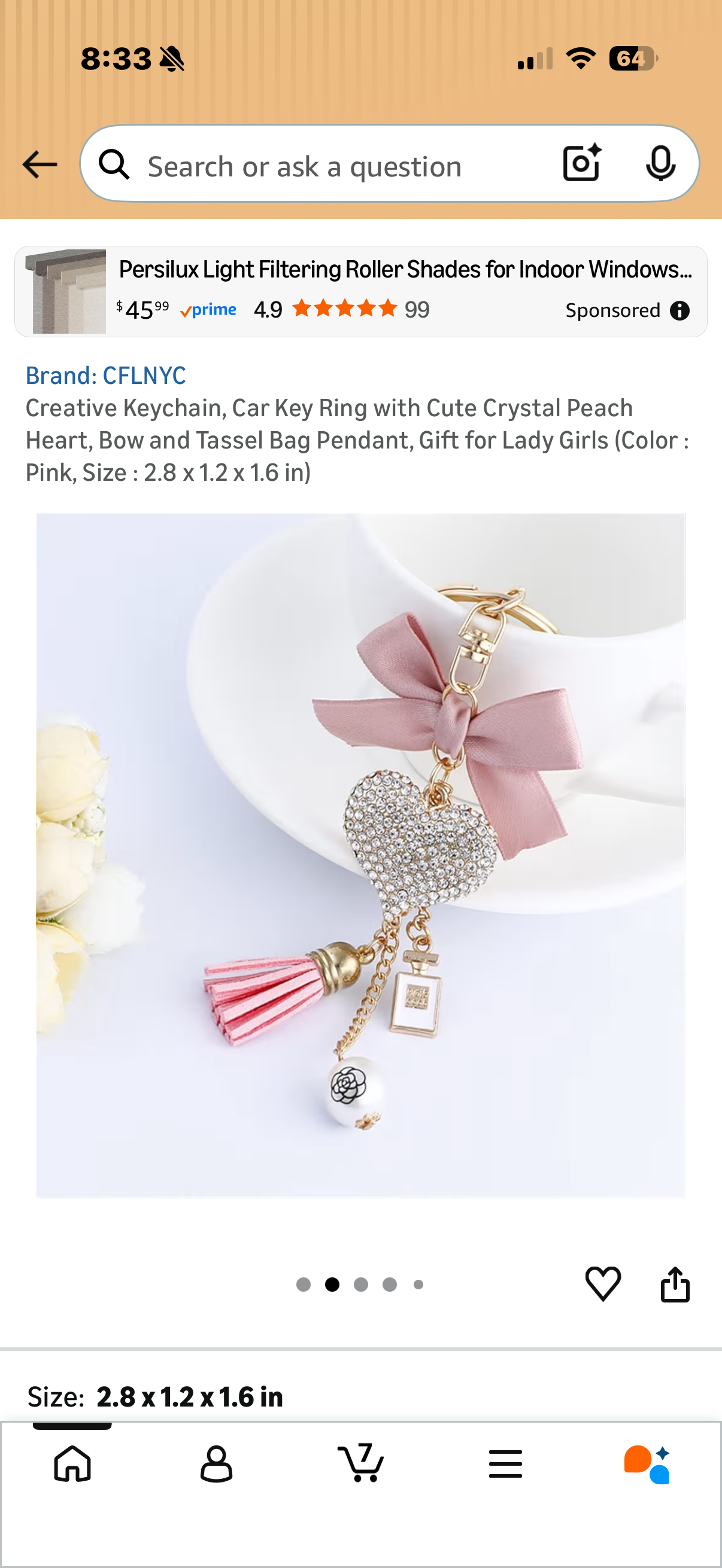 Pretty in Pink Keychain, Car Key Ring with Cute Crystal Peach Heart, Bow and Tassel Bag Pendant, Gift for Lady Girls (Color : Red, Size : 2.8 x 1.2 x 1.6 in