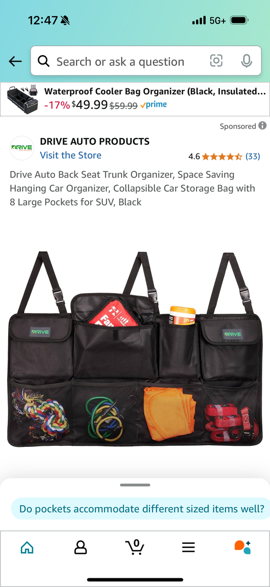 Drive Auto Back Seat Trunk Organizer, Space Saving Hanging Car Organizer, Collapsible Car Storage Bag with 8 Large Pockets for SUV, Black