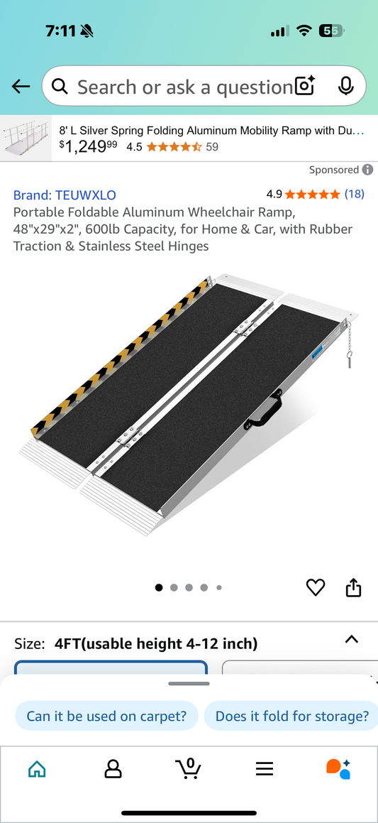 Portable Foldable Aluminum Wheelchair Ramp, 48"x29"x2", 600lb Capacity, for Home & Car, with Rubber Traction & Stainless Steel Hinges
