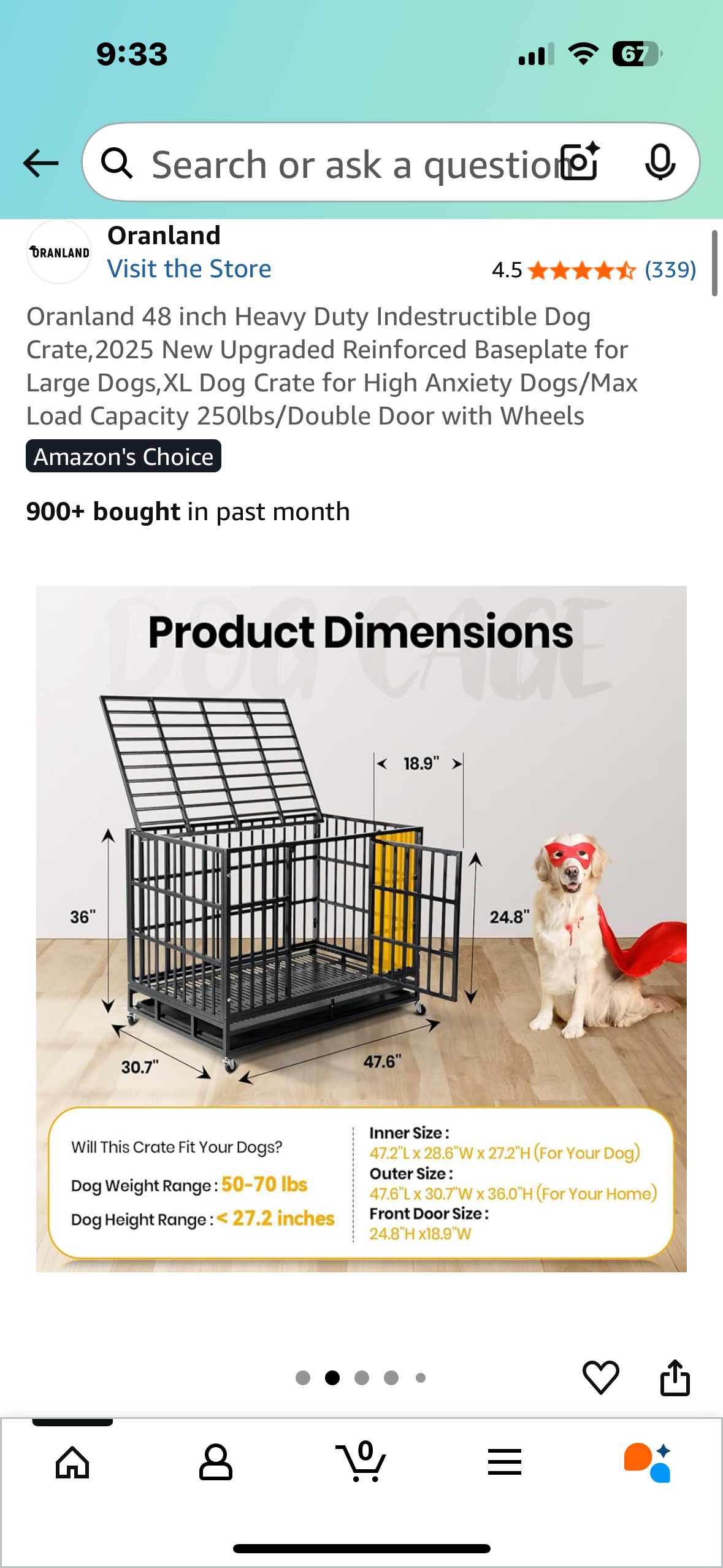 Oranland 48 inch Heavy Duty Indestructible Dog Crate, Reinforced Baseplate for Large Dogs, XL Dog Crate for High Anxiety Dogs/Max Load Capacity 250lbs/Double Door with Wheels (R674)