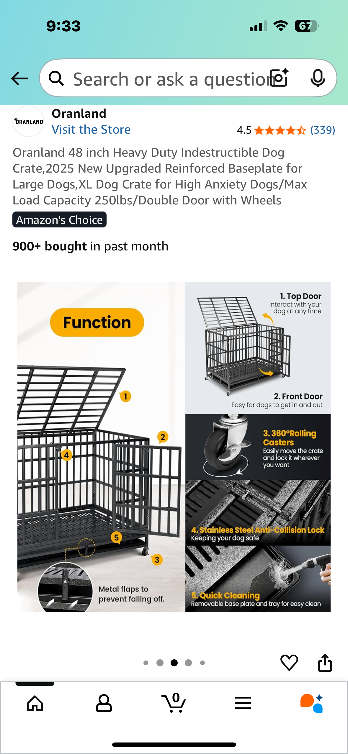 Oranland 48 inch Heavy Duty Indestructible Dog Crate, Reinforced Baseplate for Large Dogs, XL Dog Crate for High Anxiety Dogs/Max Load Capacity 250lbs/Double Door with Wheels (R674)