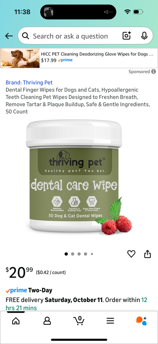 Dental Finger Wipes for Dogs and Cats, Hypoallergenic Teeth Cleaning Pet Wipes Designed to Freshen Breath, Remove Tartar & Plaque Buildup, Safe & Gentle Ingredients, 50 Count