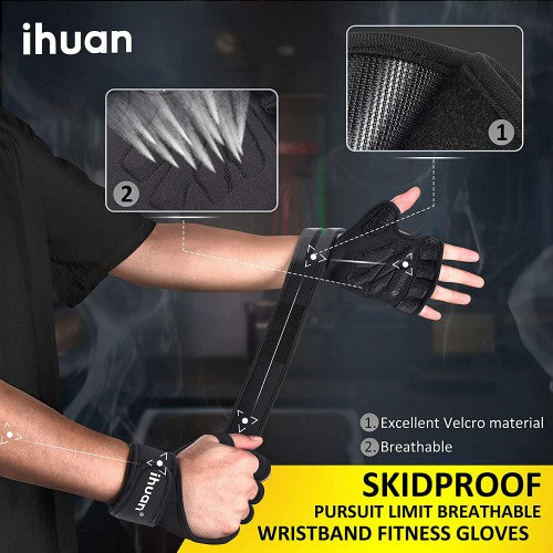 ihuan Weight Lifting Gym Workout Gloves with Wrist Wrap Support for Men & Women, Full Palm Protection, for Weightlifting, Training, Fitness, Exercise, Pull ups (Size Medium)