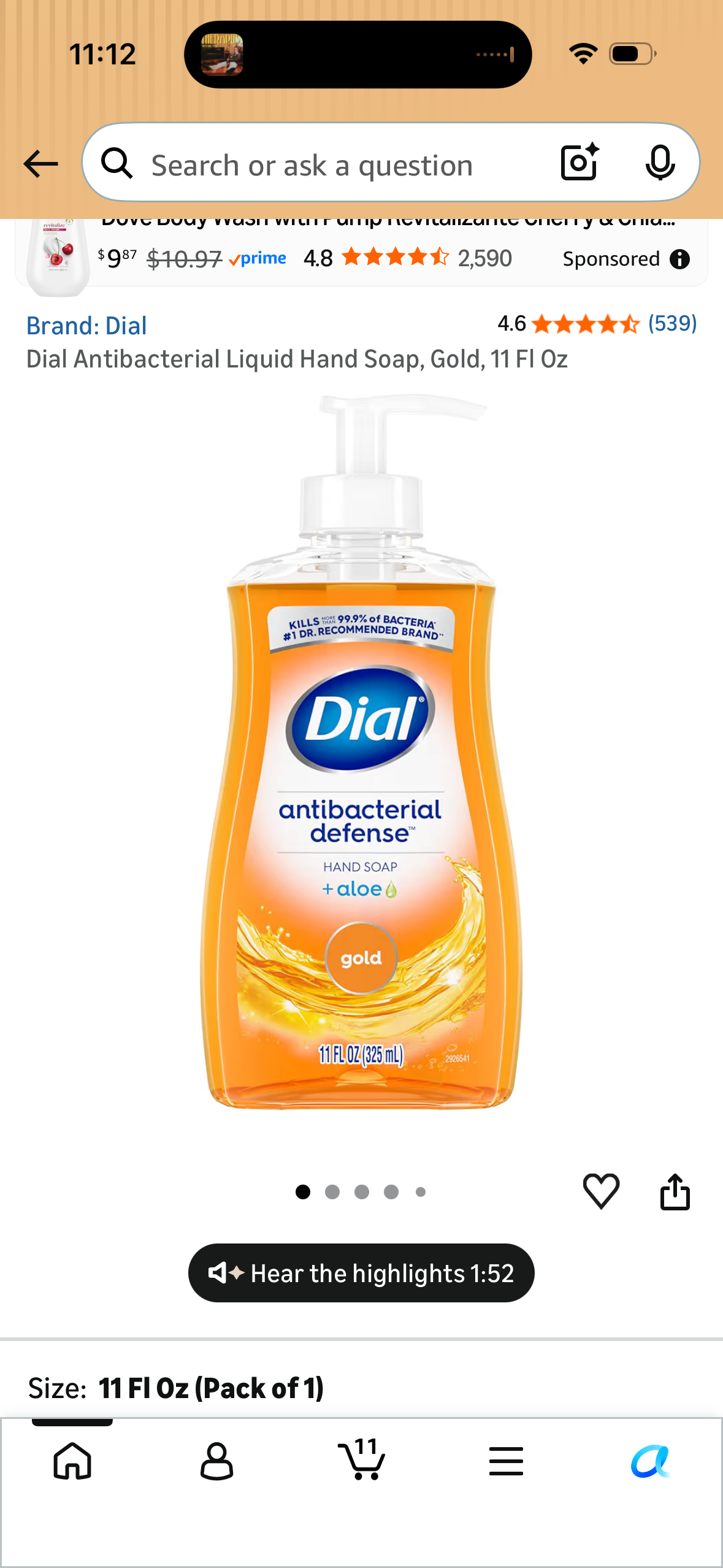 Dial Antibacterial Liquid Hand Soap, Gold, 11 Fl Oz