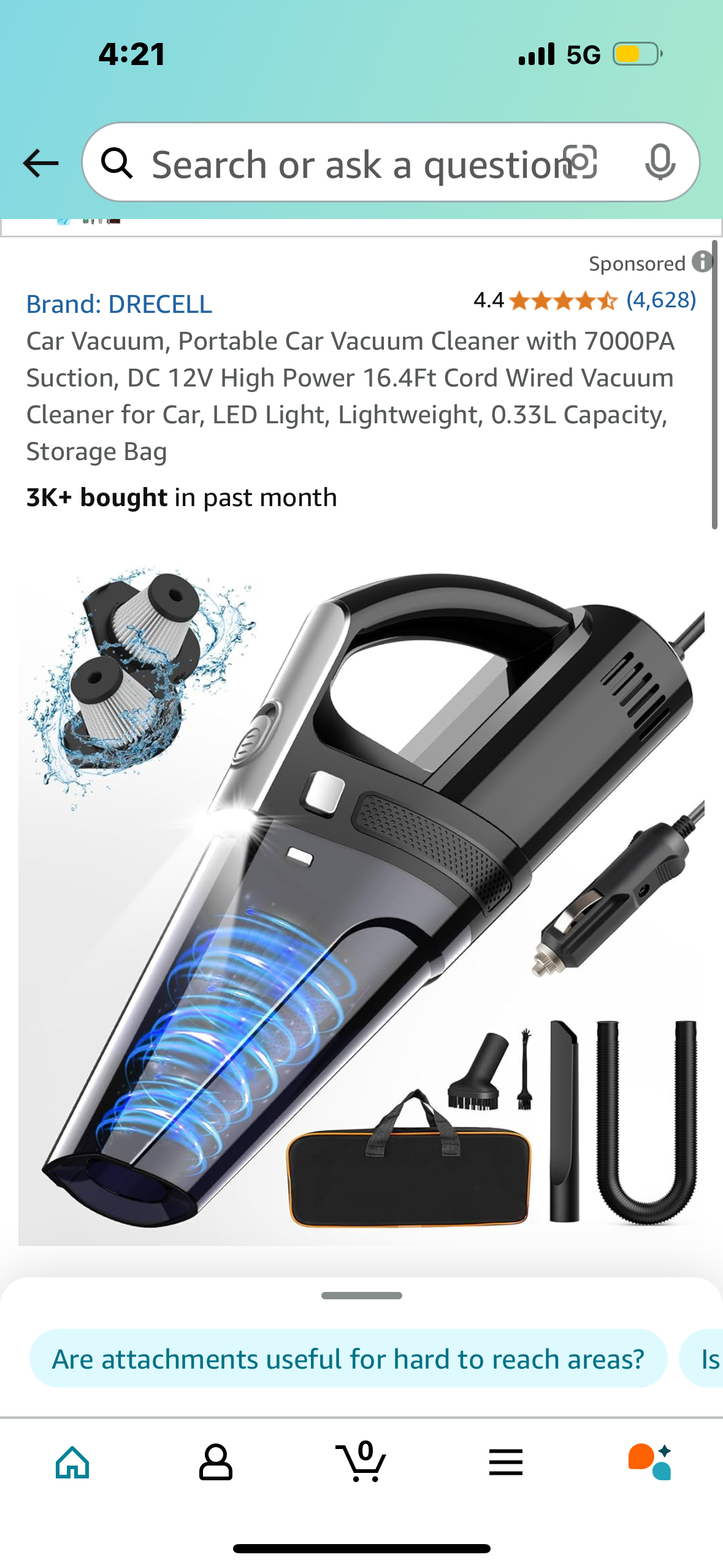 Car Vacuum, Portable Car Vacuum Cleaner with 7000PA Suction, DC 12V High Power 16.4Ft Cord Wired Vacuum Cleaner for Car, LED Light, Lightweight, 0.33L Capacity, Storage Bag