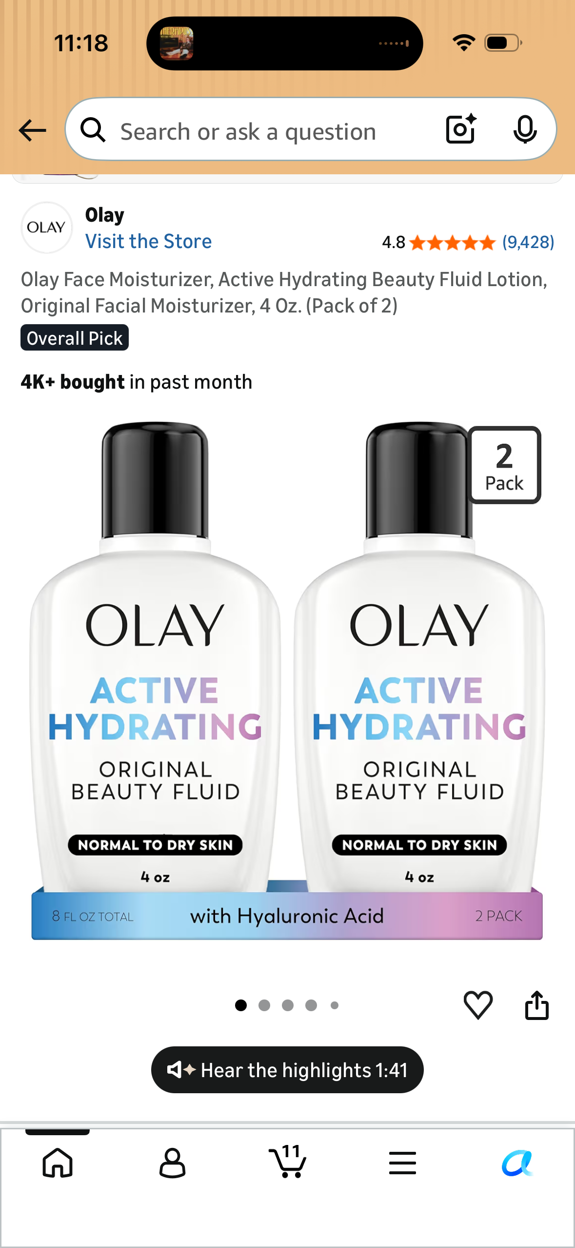 Pack of 2 Olay Face Moisturizer, Active Hydrating Beauty Fluid Lotion, Original Facial Moisturizer, 4 Oz.