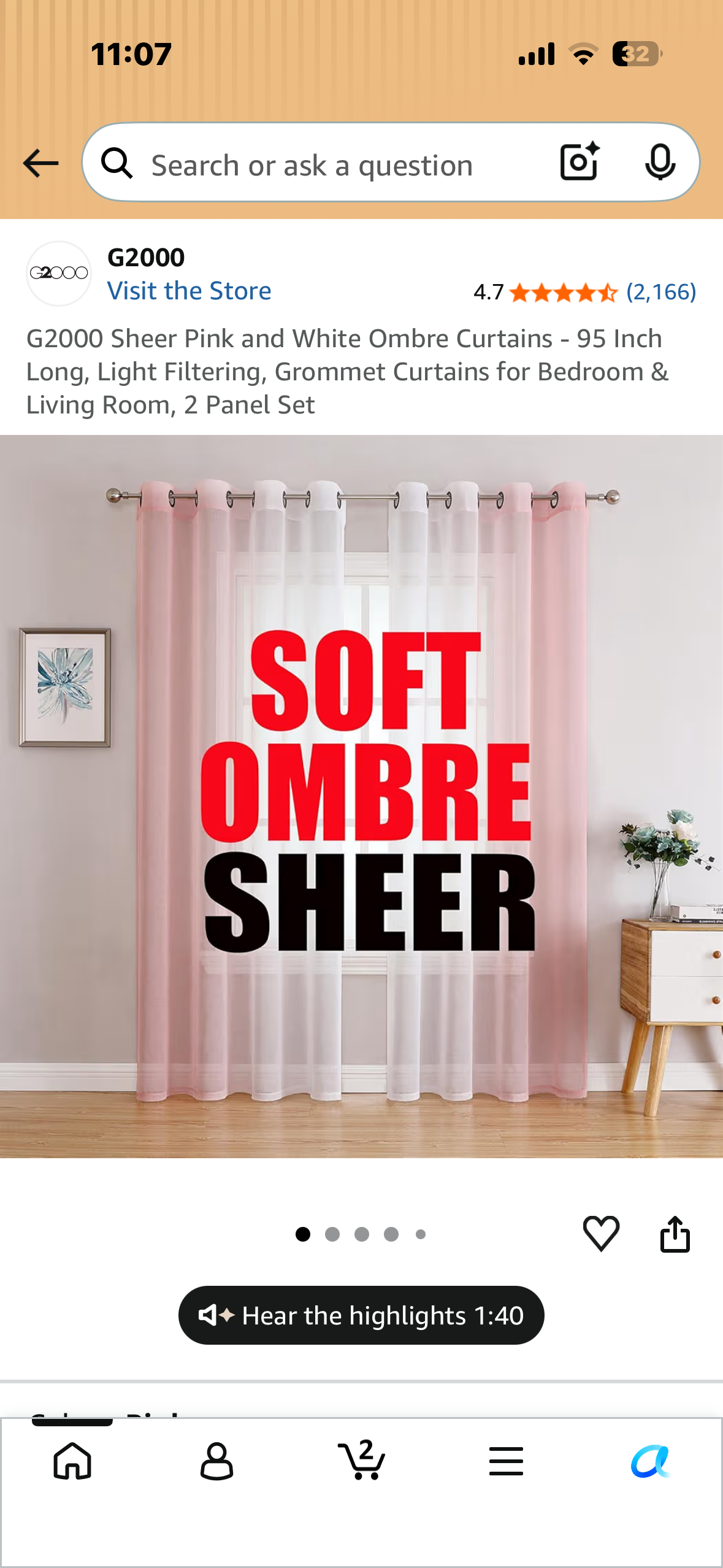 G2000 Sheer Pink and White Ombre Curtains - 95 Inch Long, Light Filtering, Grommet Curtains for Bedroom & Living Room, 2 Panel Set
