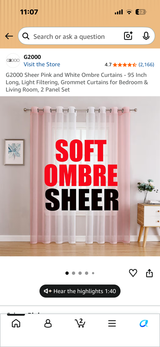 G2000 Sheer Pink and White Ombre Curtains - 95 Inch Long, Light Filtering, Grommet Curtains for Bedroom & Living Room, 2 Panel Set