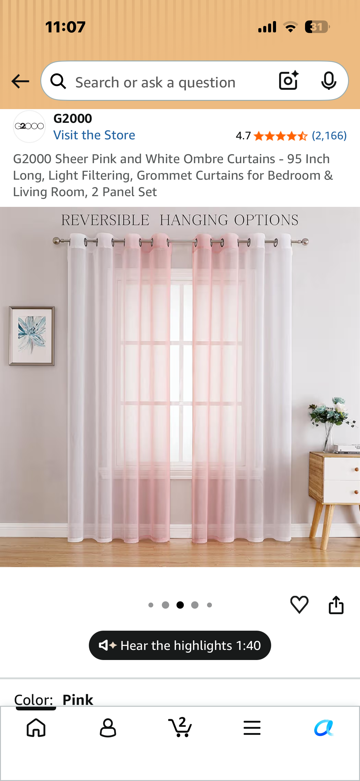 G2000 Sheer Pink and White Ombre Curtains - 95 Inch Long, Light Filtering, Grommet Curtains for Bedroom & Living Room, 2 Panel Set