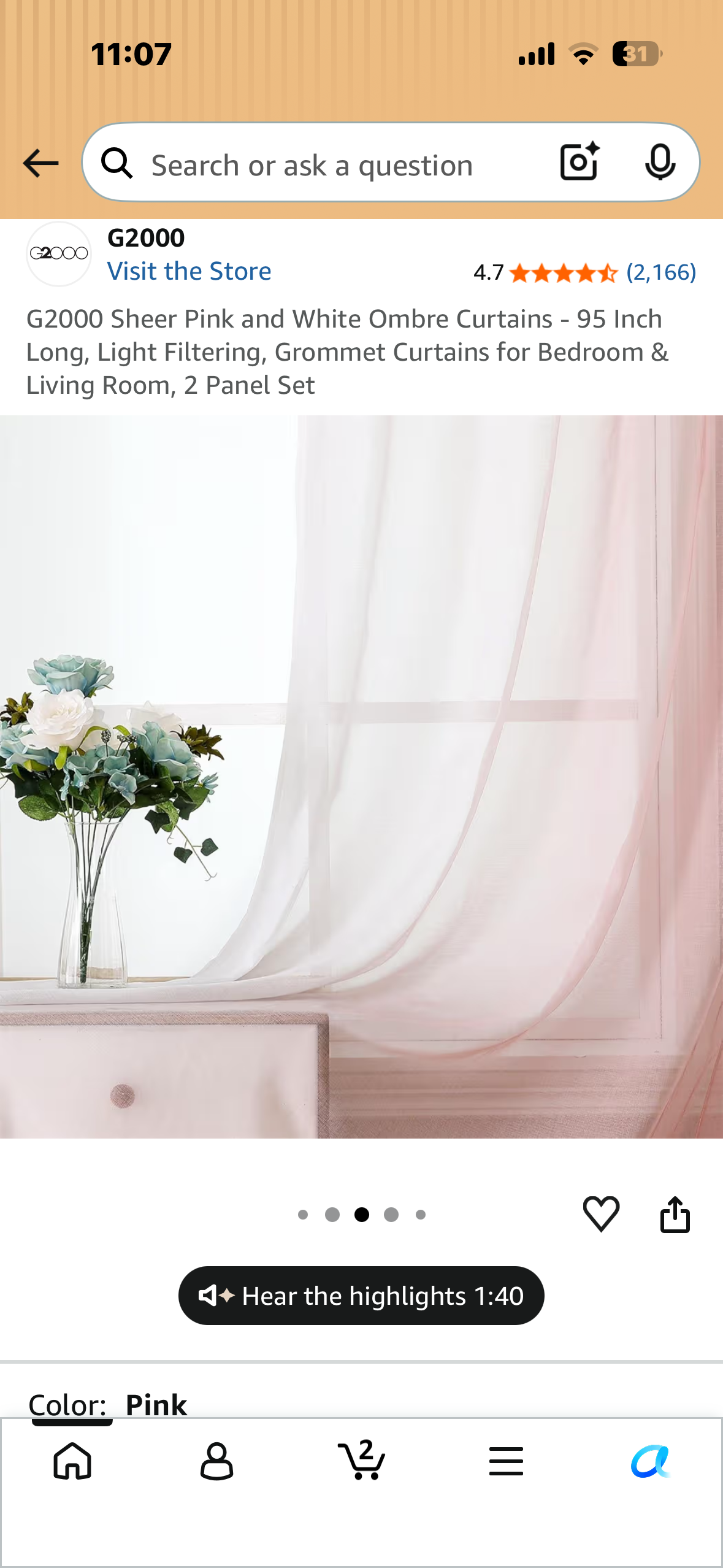 G2000 Sheer Pink and White Ombre Curtains - 95 Inch Long, Light Filtering, Grommet Curtains for Bedroom & Living Room, 2 Panel Set