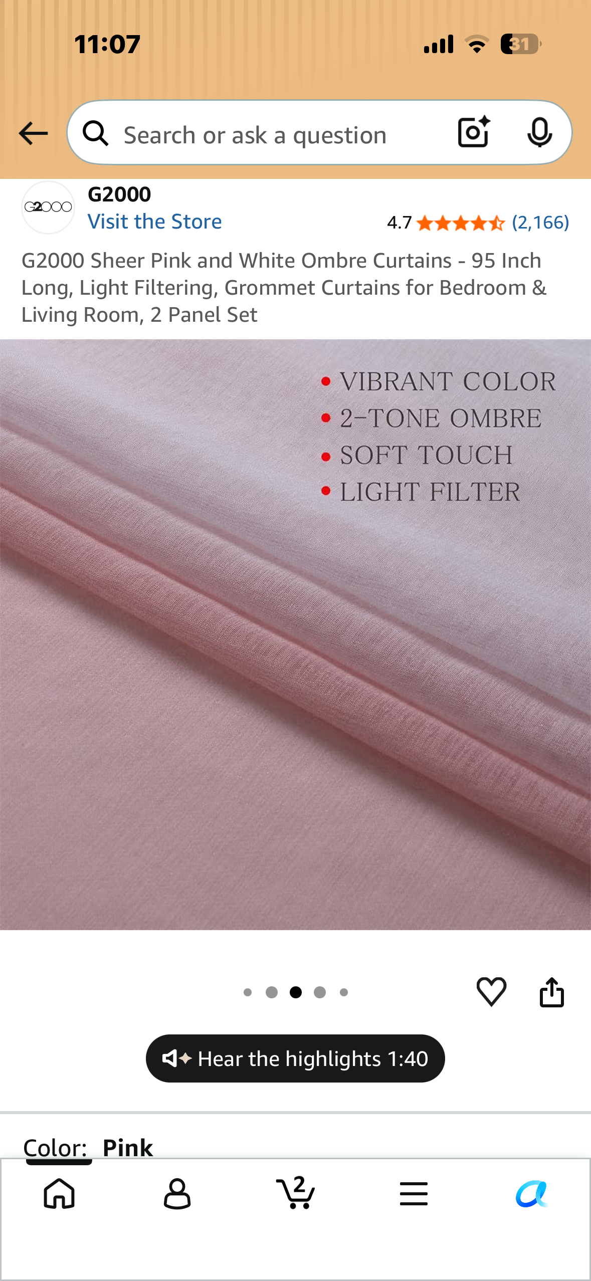 G2000 Sheer Pink and White Ombre Curtains - 95 Inch Long, Light Filtering, Grommet Curtains for Bedroom & Living Room, 2 Panel Set