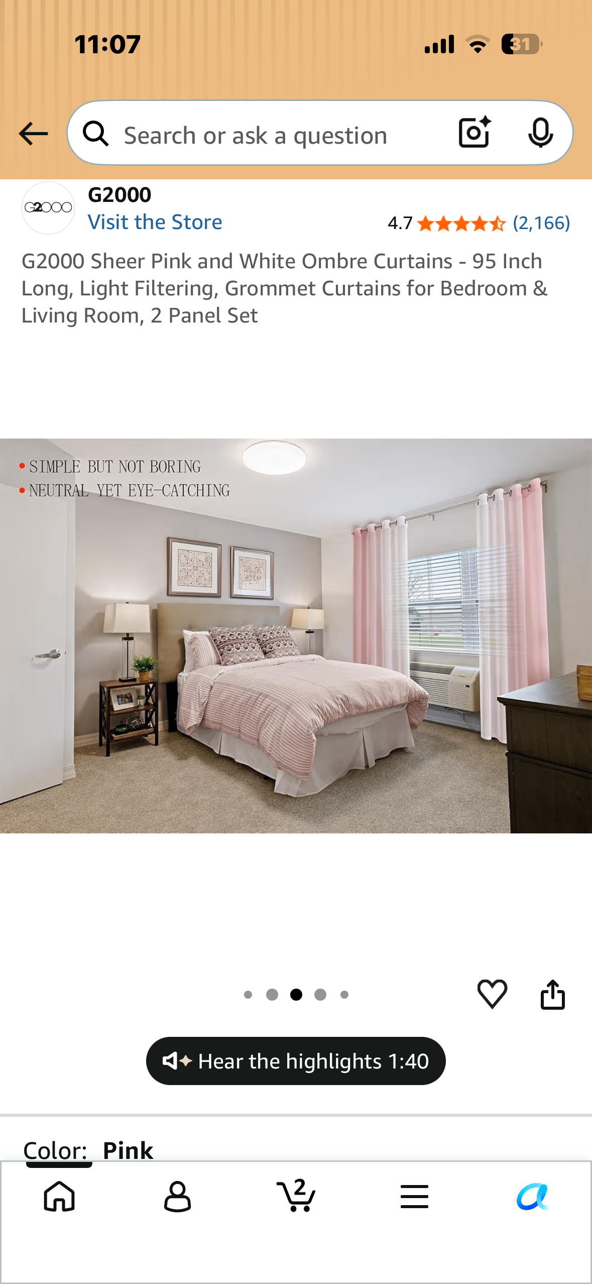 G2000 Sheer Pink and White Ombre Curtains - 95 Inch Long, Light Filtering, Grommet Curtains for Bedroom & Living Room, 2 Panel Set