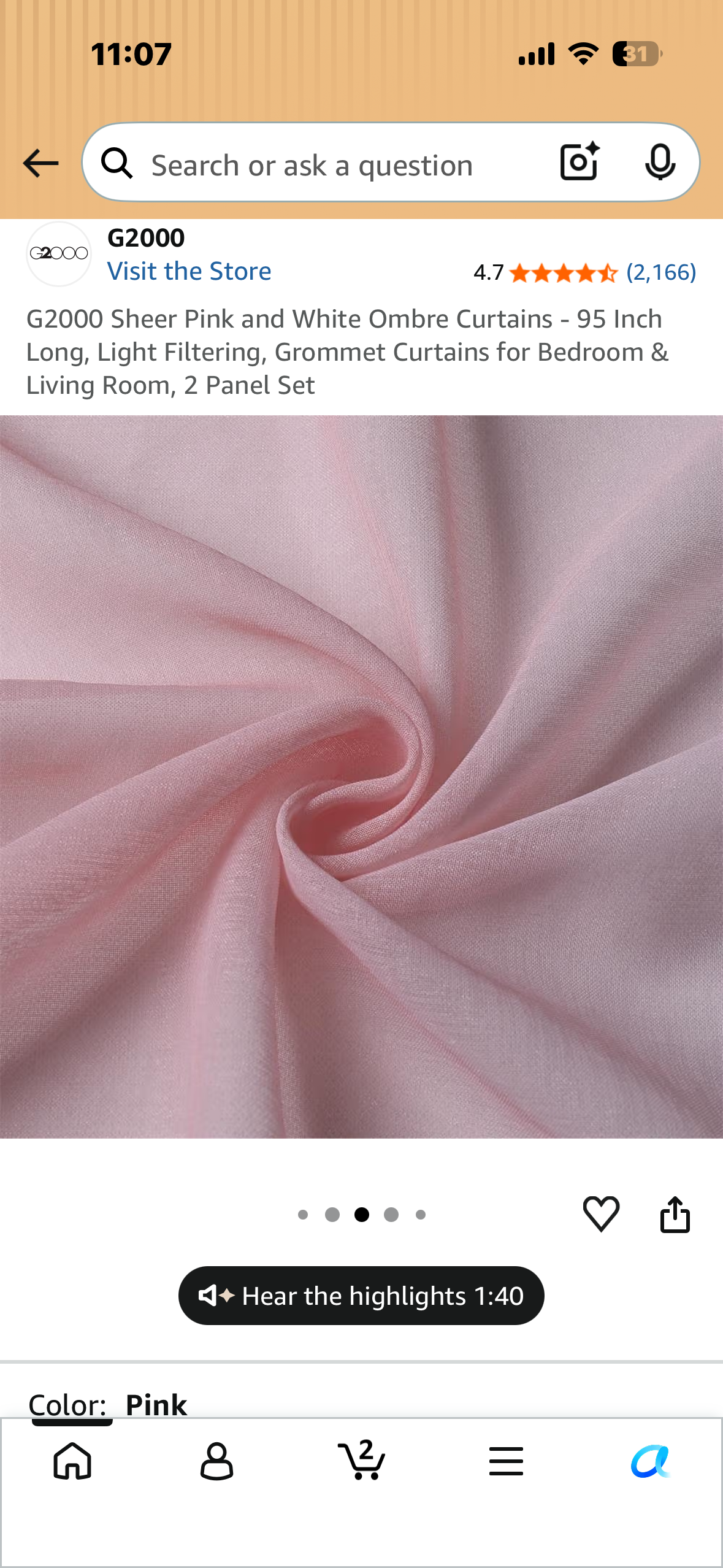 G2000 Sheer Pink and White Ombre Curtains - 95 Inch Long, Light Filtering, Grommet Curtains for Bedroom & Living Room, 2 Panel Set