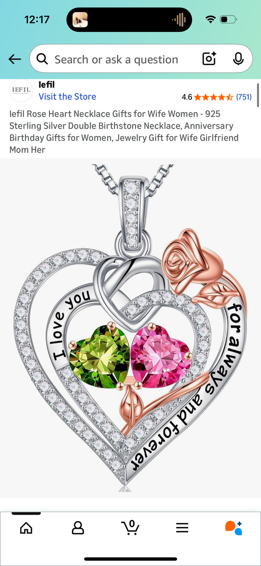 Iefil Rose Heart Necklace Gifts for Wife Women - 925 Sterling Silver Double Birthstone Necklace, Anniversary Birthday Gifts for Women, Jewelry Gift for Wife Girlfriend Mom Her