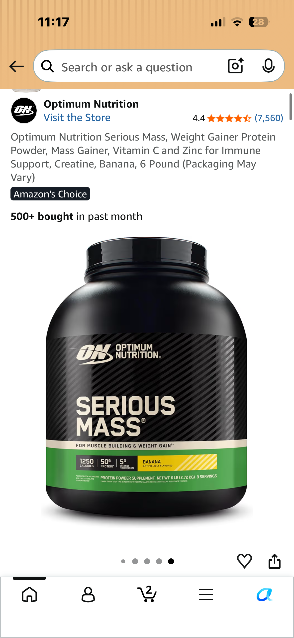Optimum Nutrition Serious Mass, Weight Gainer Protein Powder, Mass Gainer, Vitamin C and Zinc for Immune Support, Creatine, Banana, 6 Pound