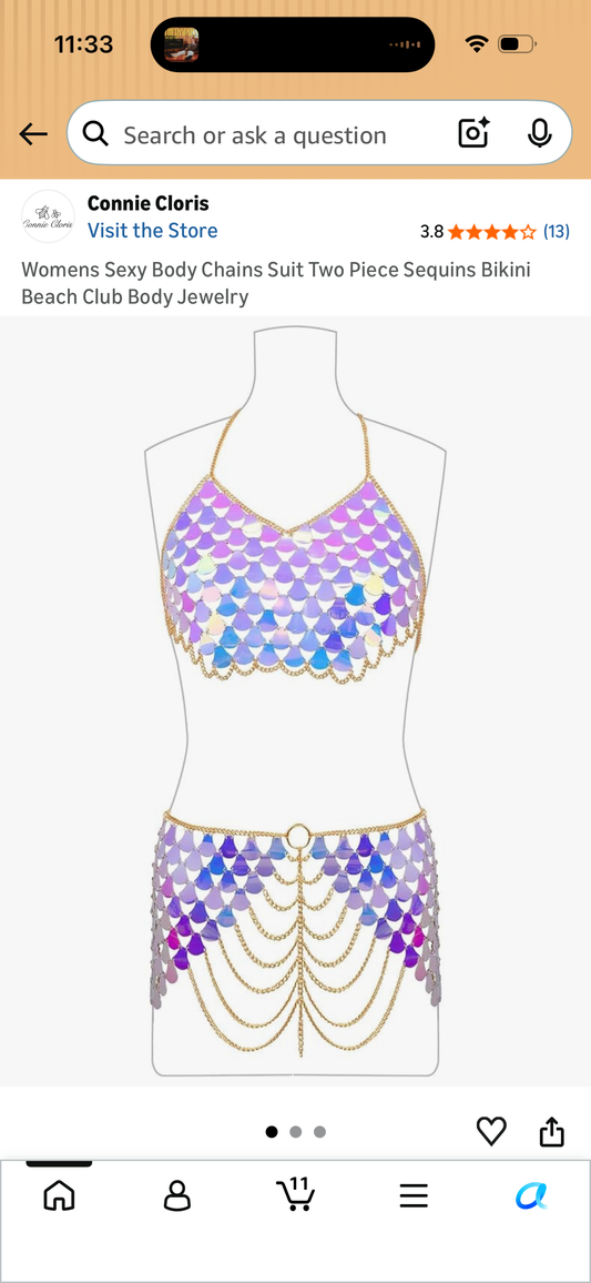 Womens Sexy Body Chains Suit Two Piece Sequins Bikini Beach Club Body Jewelry