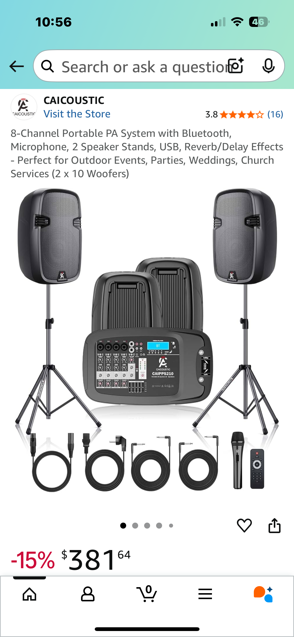8-Channel Portable PA System with Bluetooth, Microphone, 2 Speaker Stands, USB, Reverb/Delay Effects
- Perfect for Outdoor Events, Parties, Weddings, Church Services (2 x 10 Woofers) (R676)
