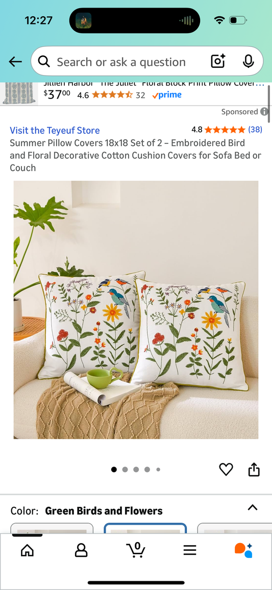 Pillow Covers 18x18 Set of 2 – Embroidered Bird and Floral Decorative Cotton Cushion Covers for Sofa Bed or Couch