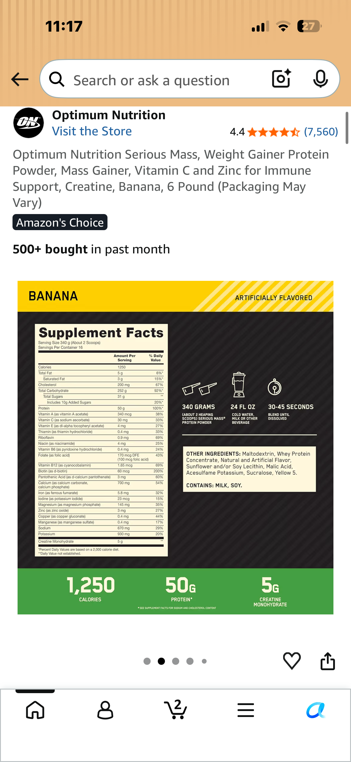 Optimum Nutrition Serious Mass, Weight Gainer Protein Powder, Mass Gainer, Vitamin C and Zinc for Immune Support, Creatine, Banana, 6 Pound