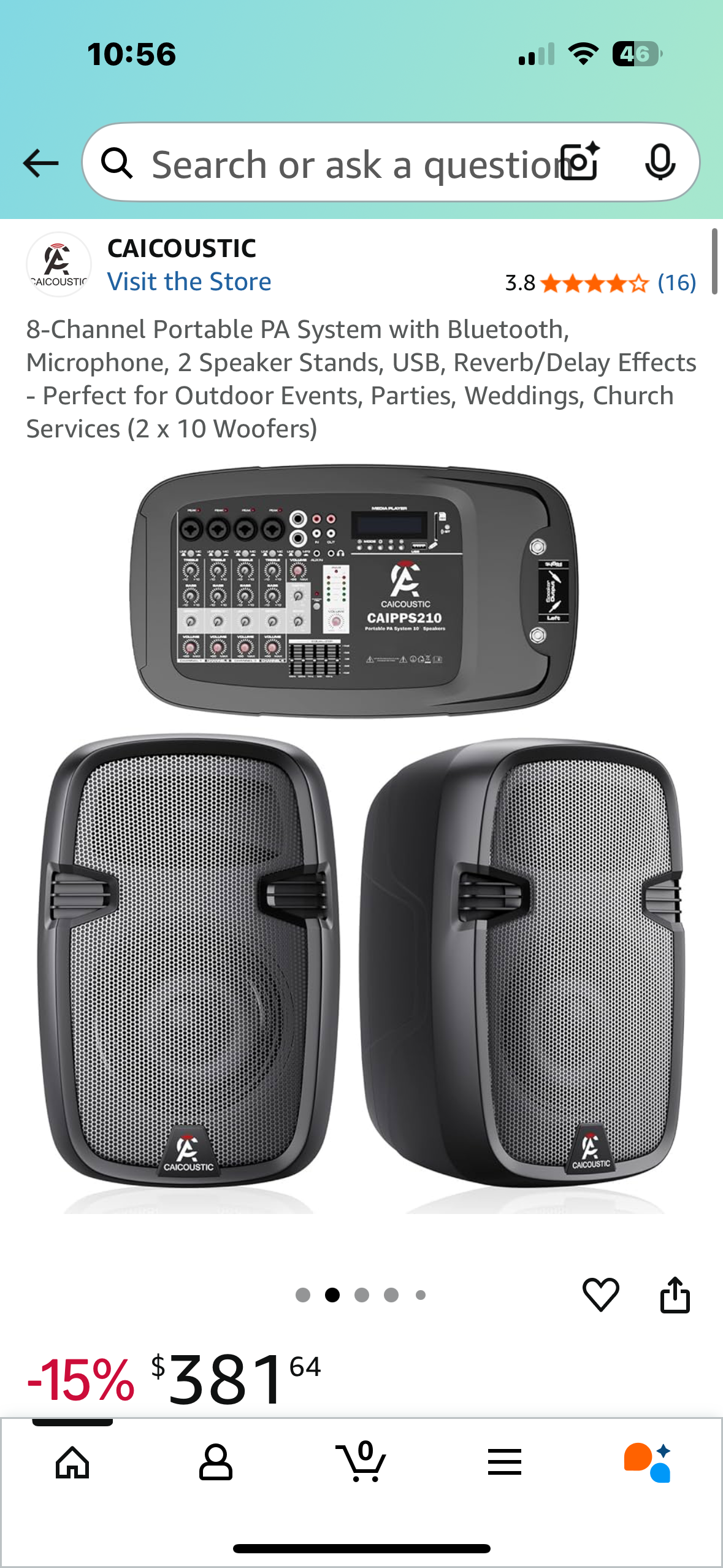 8-Channel Portable PA System with Bluetooth, Microphone, 2 Speaker Stands, USB, Reverb/Delay Effects
- Perfect for Outdoor Events, Parties, Weddings, Church Services (2 x 10 Woofers) (R676)