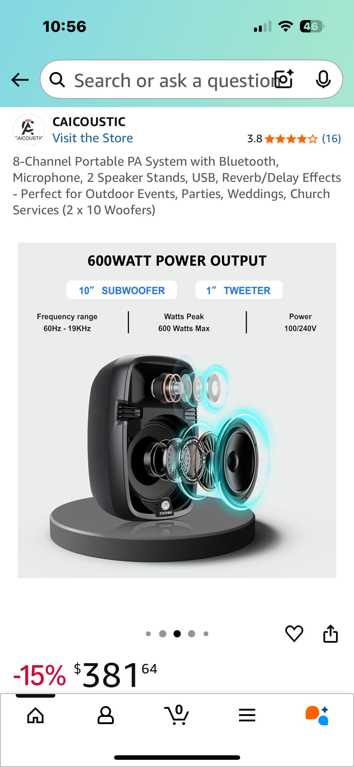 8-Channel Portable PA System with Bluetooth, Microphone, 2 Speaker Stands, USB, Reverb/Delay Effects
- Perfect for Outdoor Events, Parties, Weddings, Church Services (2 x 10 Woofers) (R676)